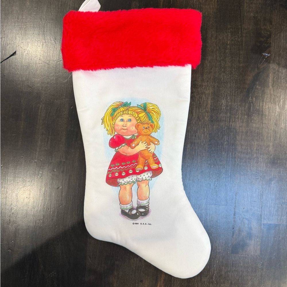 Vintage Cabbage Patch Kid Christmas Stocking with Red Trim and Teddy Bear
